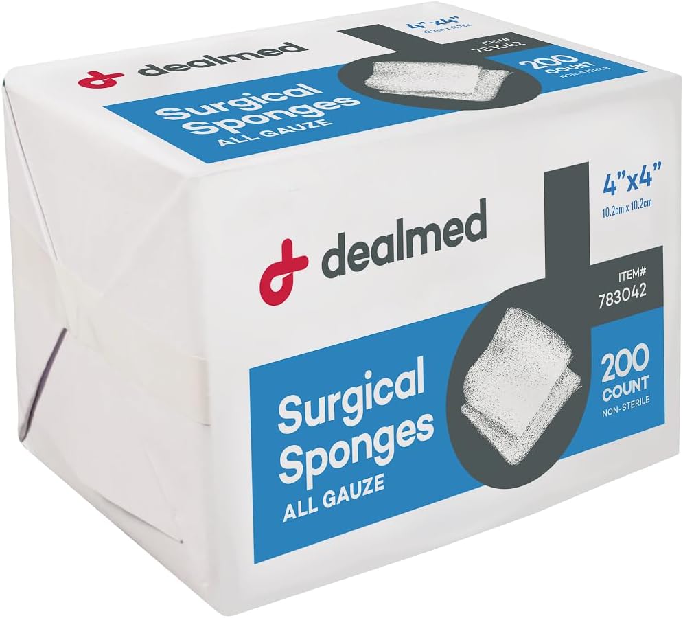 Dealmed 4 "x 4" Chirurgické houbičky, 8-Ply, Non- Tfined Absorbent Gáza houbičky pro péči o zranění, První pomoc kity a lékařské vybavení, 200 Počet (balení po 1)