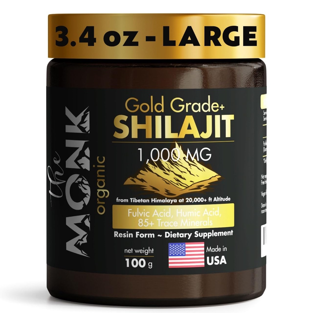 Organic Himalayan Shilajit Resin with Fulvic Acid, Humic Acid, 85 + Minerals - Gold Class Plus - 100g, 1000 mg per Serving - Energy, Stamina, Brain Support - Made in USA