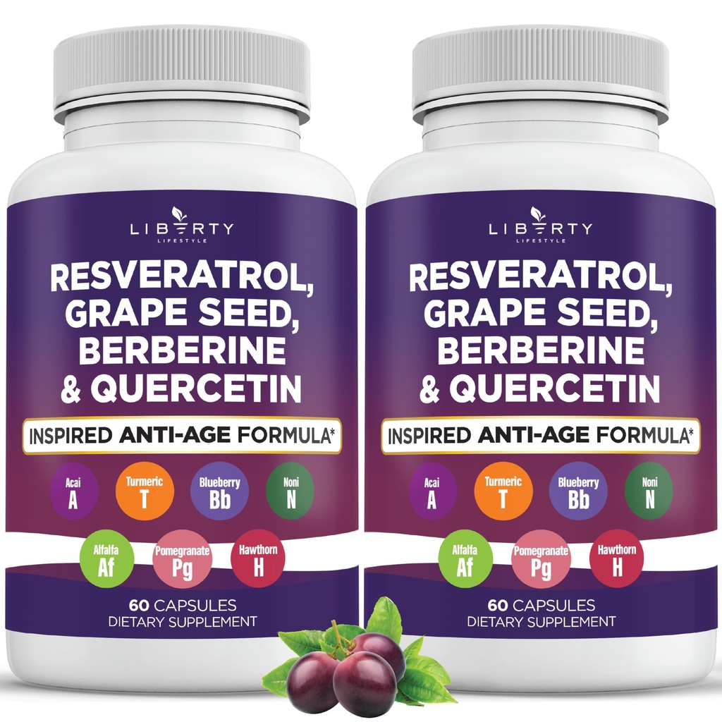 Resveratrol, Berberine, Grape Seed Extract, Quercetin, Polyfenol dodatek pro ženy a muže s Noni Extract, N-Acetyl Cysteine, Acai Extract - 2-Pack
