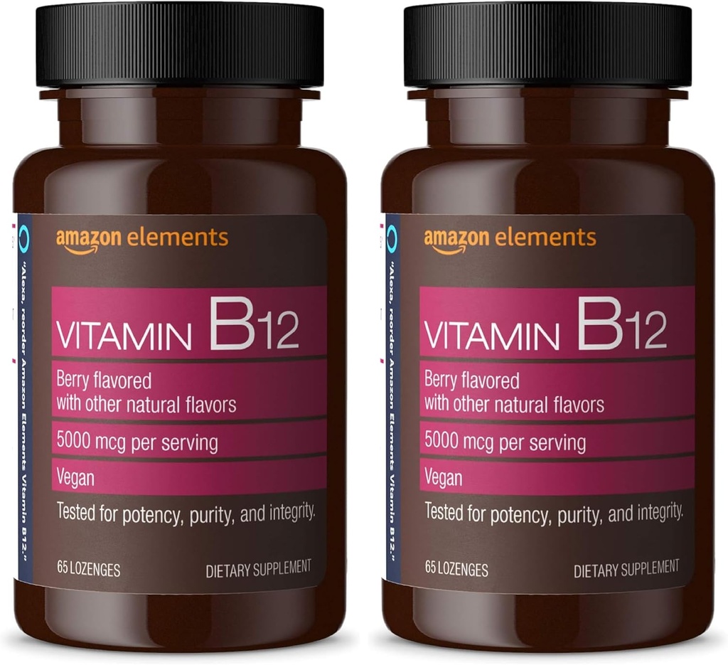 Prvky Vitamin B12 Methylkobalamin 5000 mcg - Normal Energy Production and Metabolism, Imunitary System Support - 2 měsíční dodávka, Berry Ochucené lengy, 65 Počet (Balení po 2)