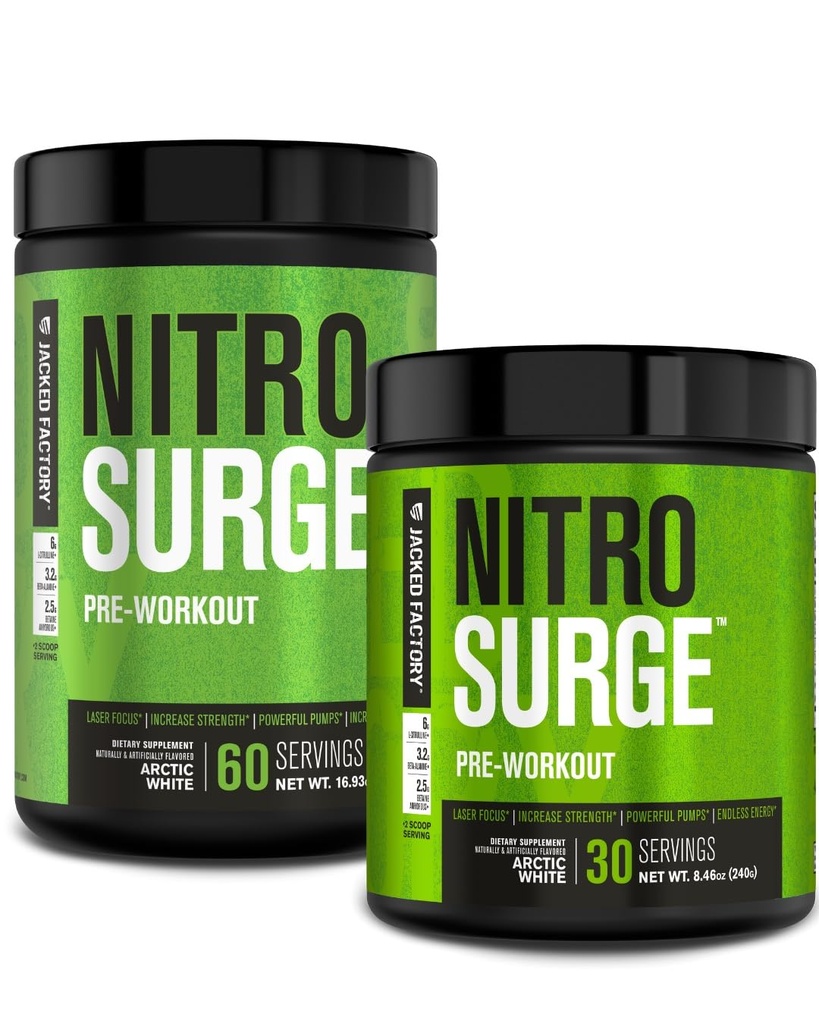 Jacked Factory NITROSURGE Pre Workout Dodatek - Nekonečná energie, Instant Strength Gains, Clear Focus, Intenzivní čerpadla - NO Booster & Powerful Preworking Energy Powder - 90 Služeb, Arctic White