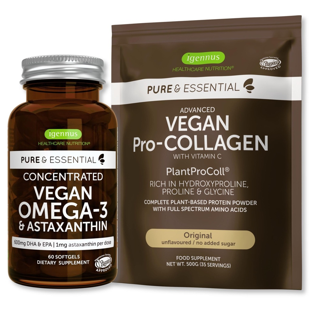 Čisté a esenciální Vegan Kolagen Peptid Protein Powder & Vegan Omega 3 Bundle, Kompletní Collagen zvýšení Formule & Udržitelný Řasy Oil 1340mg, Igennus
