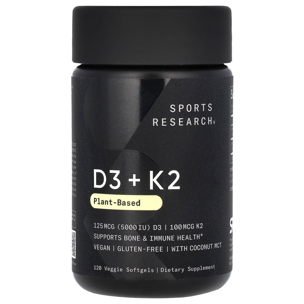 Sportovní výzkum Vitamin D3 s K2 Softgels - Plant based K2 & Vegan D3 5000iu s Coconut MCT Oil - Vegan Certified, Soy & Gluten Free - 120 Počet