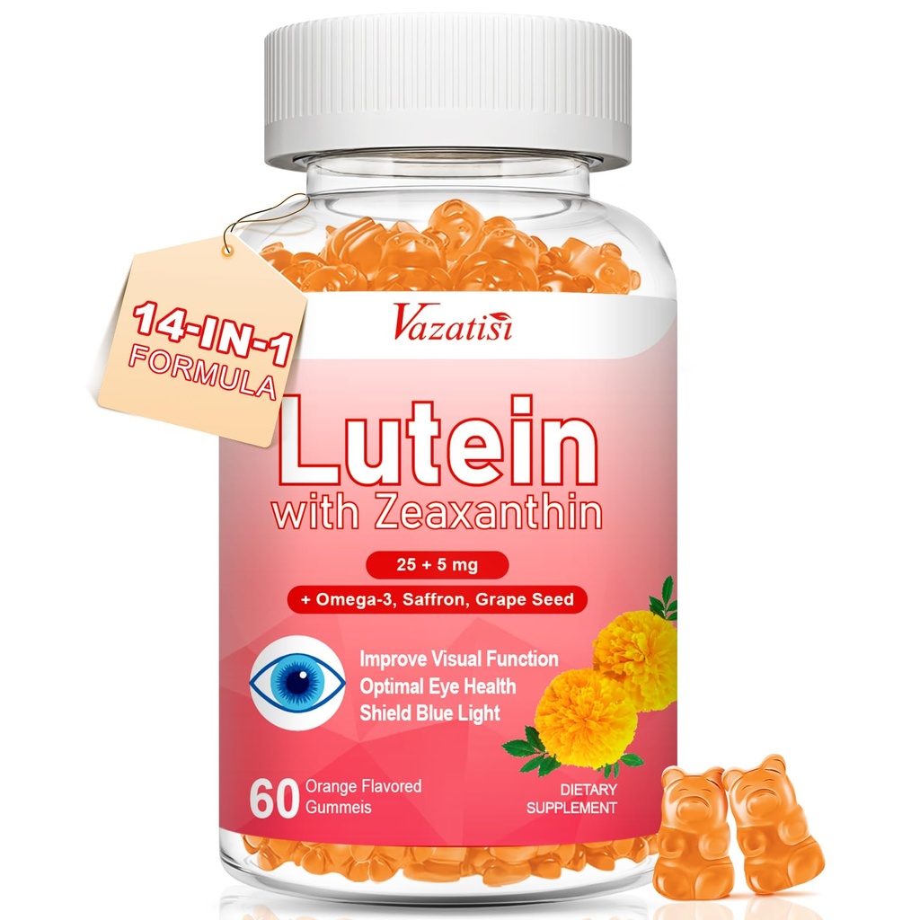Lutein a zeaxanthin doplňky Gummies, Advanced Eye vitamin dodatek s bilberry, Saffron, Grape Seed, Omega 3 pro makulární zdraví, suché oko, Vizuální funkce - Orange Flavor, 60 Počet
