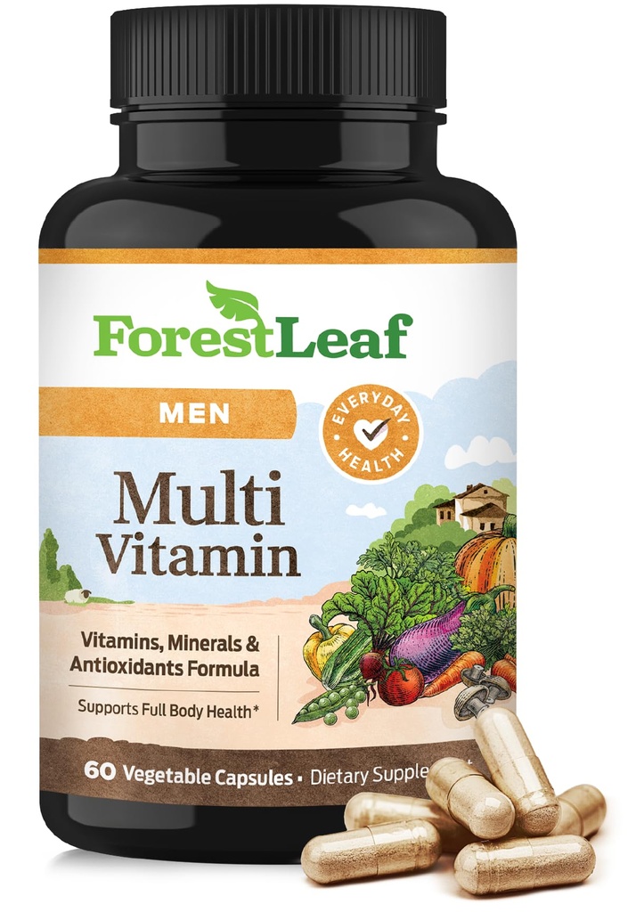 ForestLeaf Denní Vitamin Multivitamin pro muže, Multi- Vitamin pro muže - Mens Multivitamins & Multiminerály Dodatek 124; Všechny esenciální vitaminy potřebné pro zdraví, Dlouhověkost & Energie 124; 60 Veg Caps