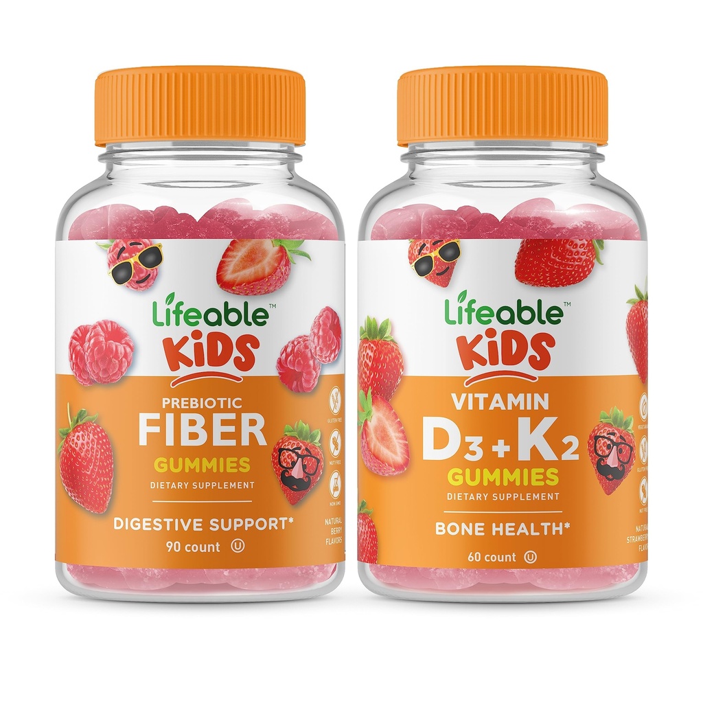 Živé Prebiotické Vlákna Děti + Vitamin D3 + Vitamin K2 Děti, Gummies Bundle - Velký Ochutnávka, Doplatek vitamínu, Lepek zdarma, GMO zdarma, Žvýkací Gummy