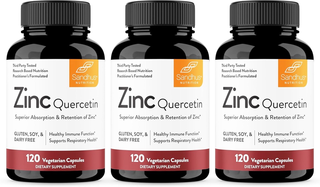 Sandhu je zinek Quercetin 120 Vegetariánské kapsle (Balení 3) 124; Zinkové doplňky pro antioxidační imunitní podporu pro muže a ženy 124; Gluten, Soy, mléčné výrobky zdarma