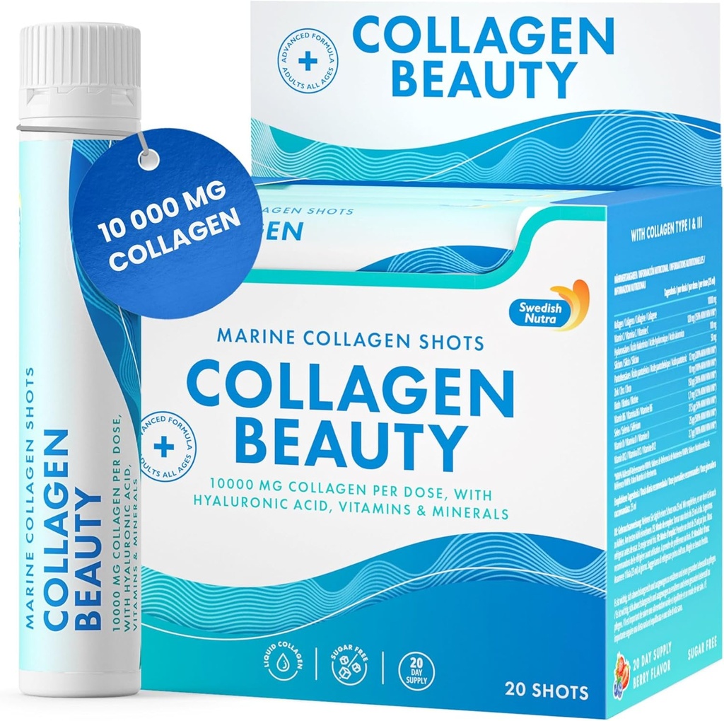 Swedish Nutra - Kolagen Krása 124; 10.000 mg Hydrolyzované Marine Kolagen Liquid Supplement - 20 x 25 ml Denní Střely 124; Hyaluronová kyselina a vitamin C na podporu zdravé vlasy, kůže, nehty 124; Sugar- zdarma