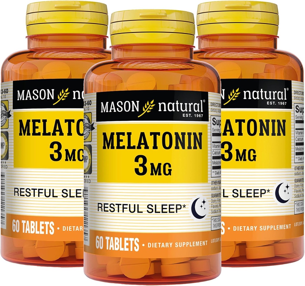 MASON NATURAL Melatonin 3 mg s B6 & vápník, přírodní spánková pomoc, podporuje klidný spánek, 60 tablet (balení po 3)