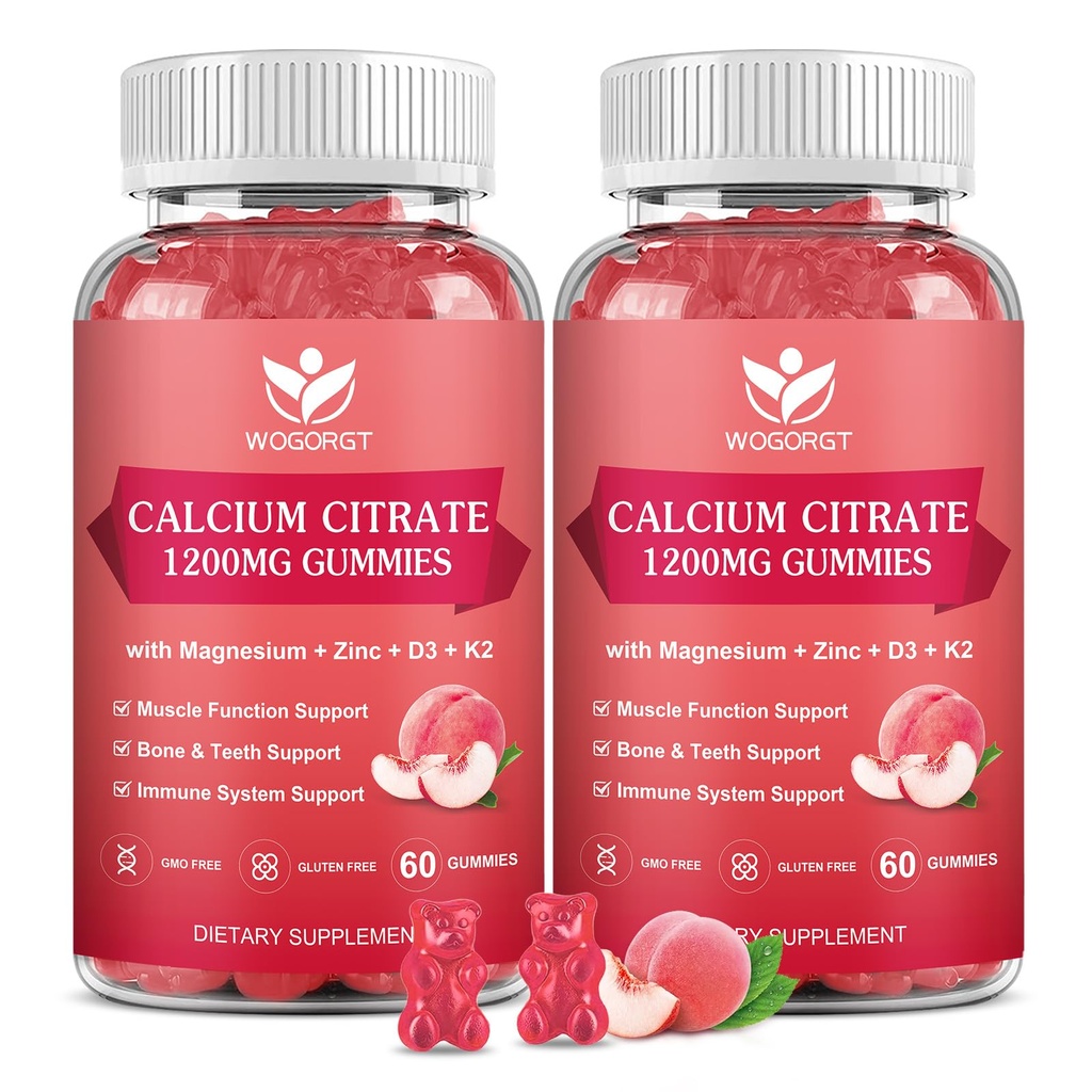 Citrát vápenatý 1200mg gumové s vitaminem D3, K2 - Žvýkací hořčík zinek d3 dodatek s Mosovým extraktem pro kosti, zuby, imunitní podpora pro ženy a muže, Peach Flavor-60 gummies (2Pack)