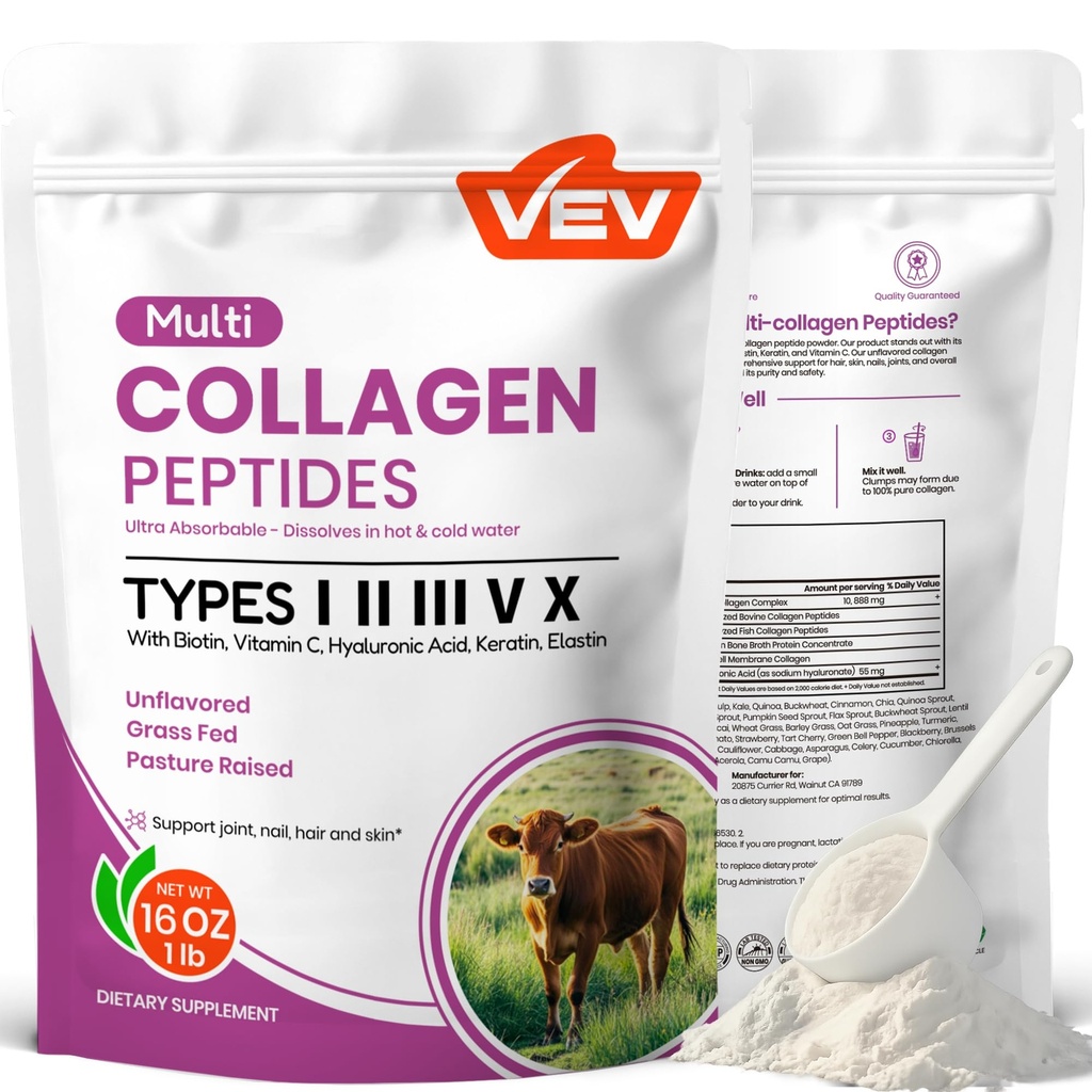 VEV Multi kolagen Peptidy Powder, 16 oz (41 Servings) - Typ I, II, III, V, X, Hydrolyzovaný kolagen, Hyaluronic acid Power, Biotin, Vitamin C, Podporuje pleť, Neochucené, Rozpustí snadno