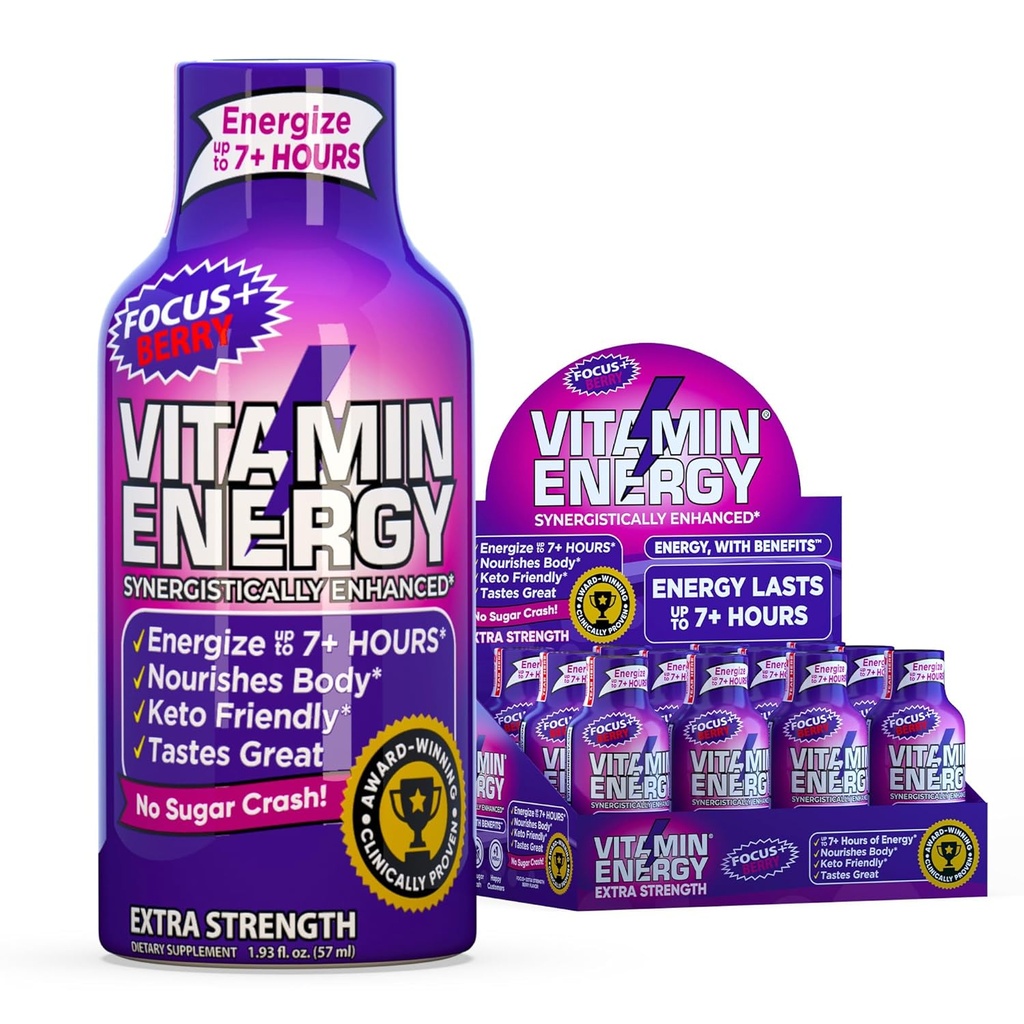 Vitamin Energy Focus + Extra Strength Energy Shot Berry 4 Pack, 260mg přírodní kofein, B-vitaminy, CoQ10, aminokyseliny, Focus, Productivity & Clarity, Nulový cukr, gluten- Free, 1.93 fl oz
