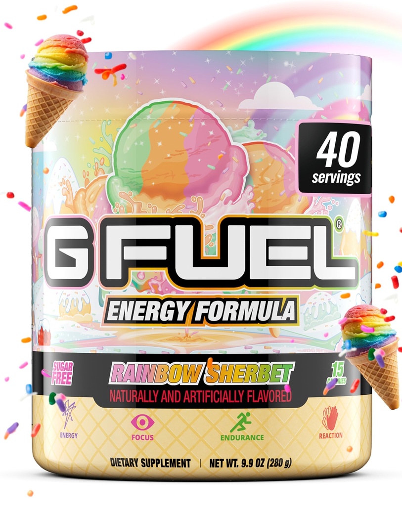 G Palivo Rainbow Sherbet Energy Drink Powder, Pre Workout Caffeine Mix for Gaming, Cukr Free Focus Amino, Vitamin + Antioxidanty, 9.9oz (Rainbow Sherbet, 40 Služeb)