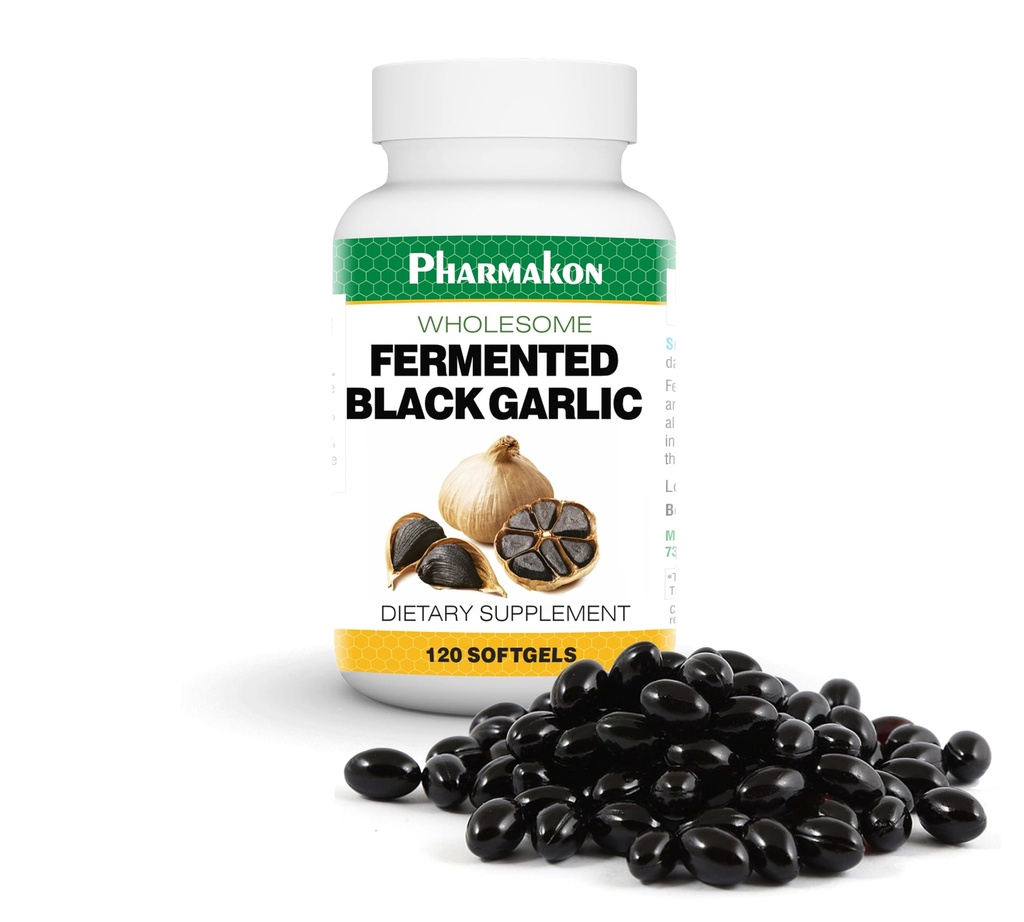 FARMAKON Organic Aged Black Garlic, Biologicky dostupné měkké kapsle, Zdravý, Snížený zápach (120 Počet)