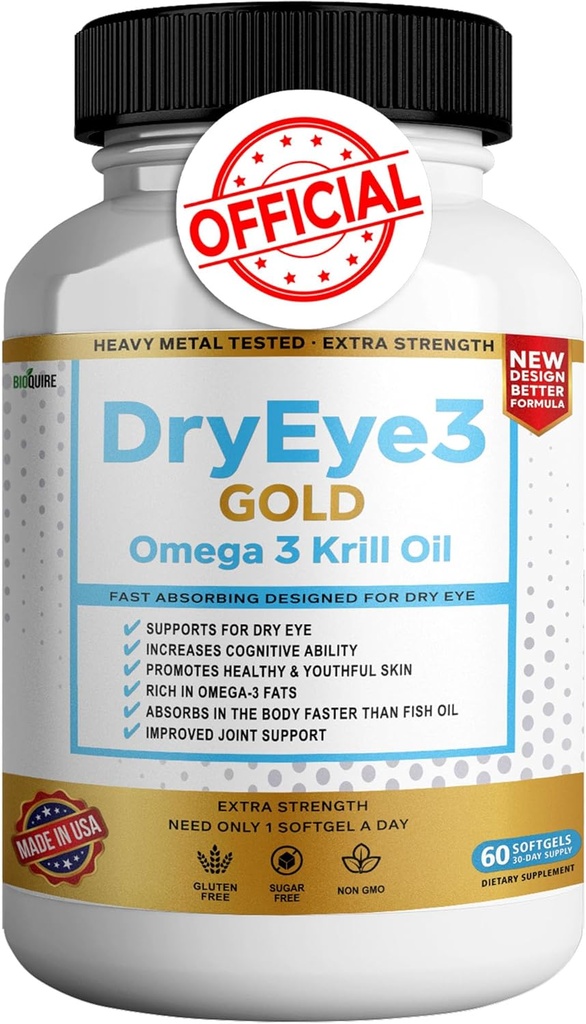 Suché oko 3 Gold Omega 3 Krill olej Extra síla, 60 Softgels, Suché oko podpora, non-GMO, gluten zdarma, cukr zdarma (1)