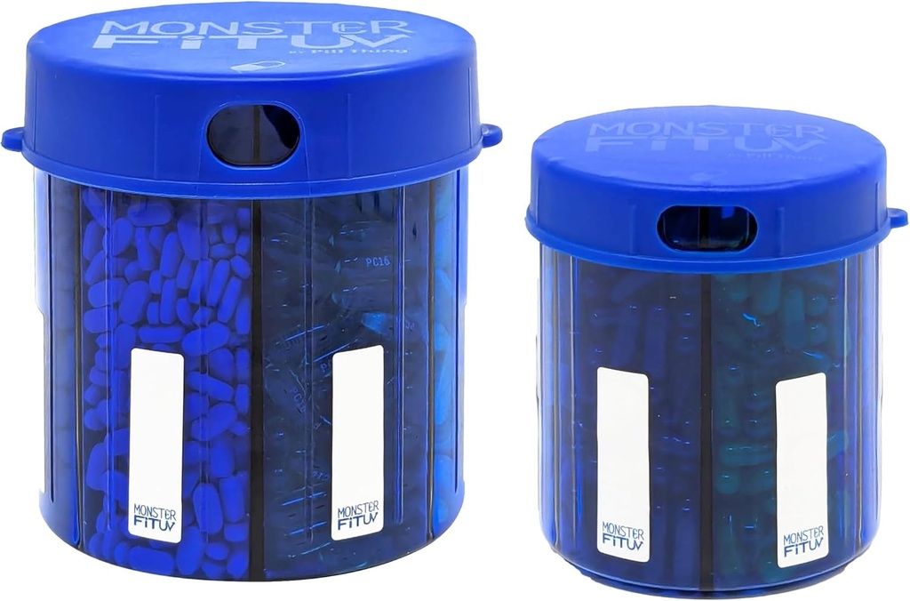 Monster Doplatek Léčebné Pill Dipenser s etiketami Complement - Extra velké Pill Container Lahve Handles Téměř libovolný dodatek - Snadný k použití (Monster Blue & Monster Jr. Blue)