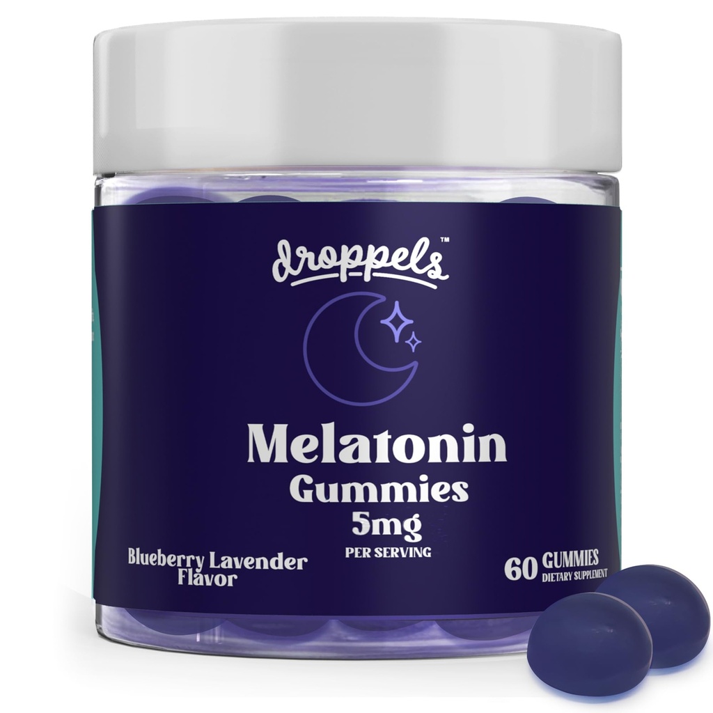 Droppels Melatonin Gummies, 5mg - Plant- based, Vegan Melatonin 5mg pro přírodní spánkovou podporu s extraktem z heřmánku, 60 hrabě, borůvkový flavor (1- měsíční dodávka)