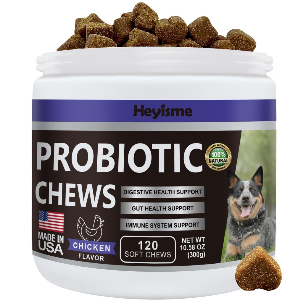 Probiotika pro psy, Zlepšit kvasinkovou rovnováhu, Itchy Skin Itchy Uši, Gut zdraví, Alergie, Imunita, Psí Probiotika a Dědičné Enzymy s prebiotiky - snížit průjem (Kuře, 120 Žvýkačky)