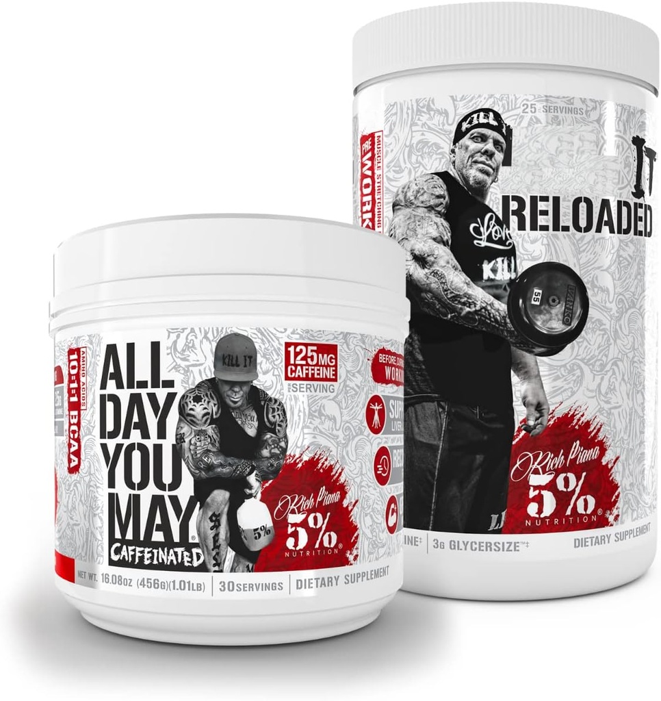 5% Nutrition Rich Piana Bundle 124; AllDayYouMay Caffeinated BCAA Powder + Kill It Reloaded High- Stim Pre- Workout (Ovocný punč)