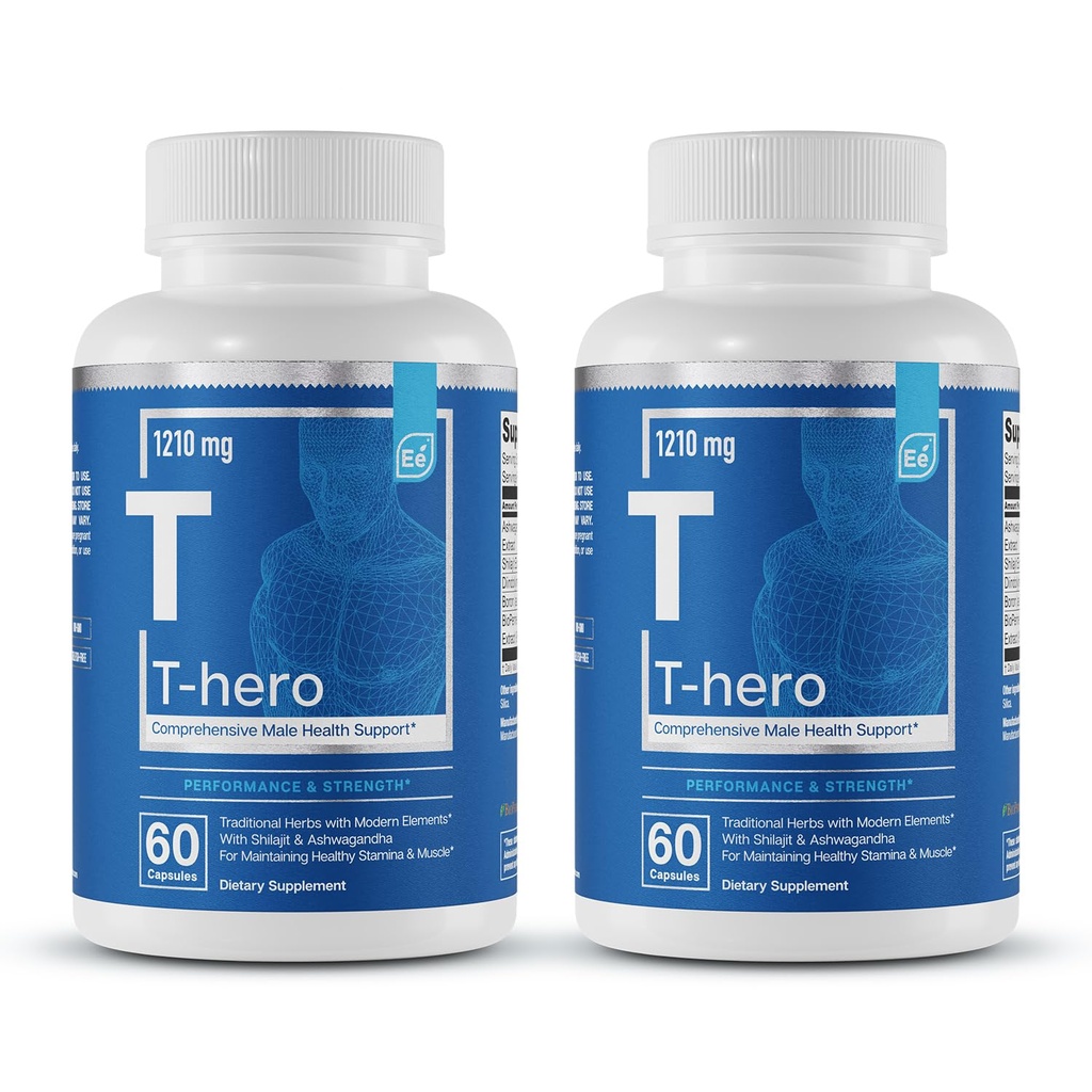 Základní prvky T- Hero - Denní Testosteron Podpora pro muže - Promotes Vitality & Drive - s Ashwagandha, Shilajit, Boron, DIM - 60 Počet - 30 Služeb (2-Pack)