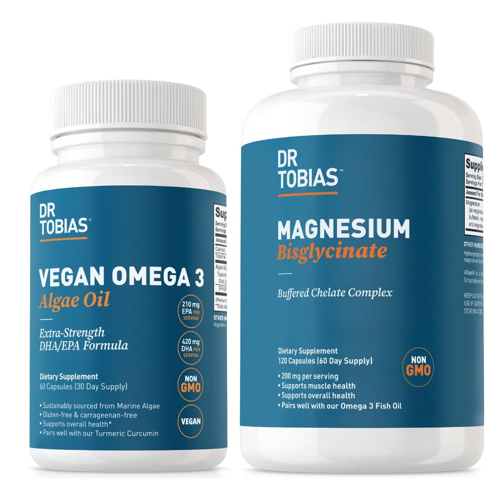 Dr. Tobias Vegan Omega 3 Řasy olej a hořčík bisglycinát, základní Wellness podpora srdce, mozku, svalů, a zdraví kostí, non-GMO, Vegan
