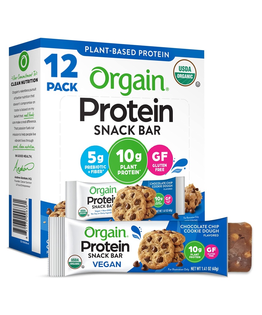 Orgain Organic Vegan Protein Bary, Chocolate Chip Cookie Dough - 10g Plant Based Protein, Low Calorie Zdravé Snacks, No Lactosa or Soy Ingredients, Gluten Free, Non- GMO - 1.41 Oz (balení po 12)