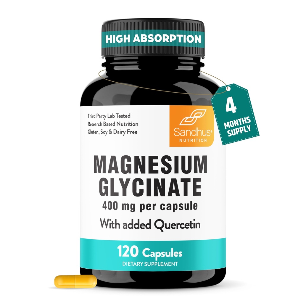 Sandhu 's Magnesium Glycinate 400mg Kapsle s Quercetin CLAS124; Quality Sleep, Relaxation, Muscle Health & Immunication Support CLAS124; 120 Počet (balení po 1) CLAS124; Snadné spolknutí CLAS124; pro ženy a muže