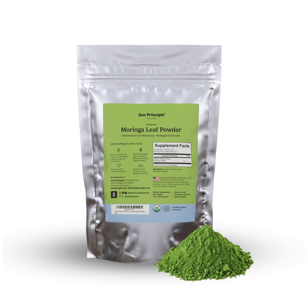 Zen Principle 1 LB. Premium Organic Moringa Oleifera Leaf Powder. USDA Certified Organic.