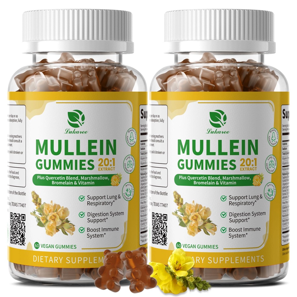 (2 Pack) 9 in 1 Mullein Gummies for Lung Cleanse & Detox, Extra Strength Mullein Leaf Extract w / Quercetin, Bromelain, Elderberry & Marshmallow for Respirační, Imunity & Digestive, Vegan, 120 Count