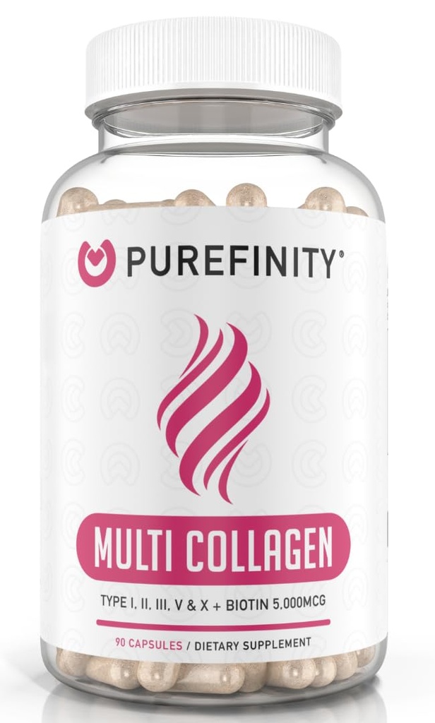 PUREFINITY Kolagen Peptidy pro ženy - Typ I, II, III, V & X s kyselinou biotin a hyaluronic, podporuje zdravou pleť, kosti, vlasy a nehty - Non- GMO, Grass- Fed (90 Kapsle, 1 měsíc dodávky)