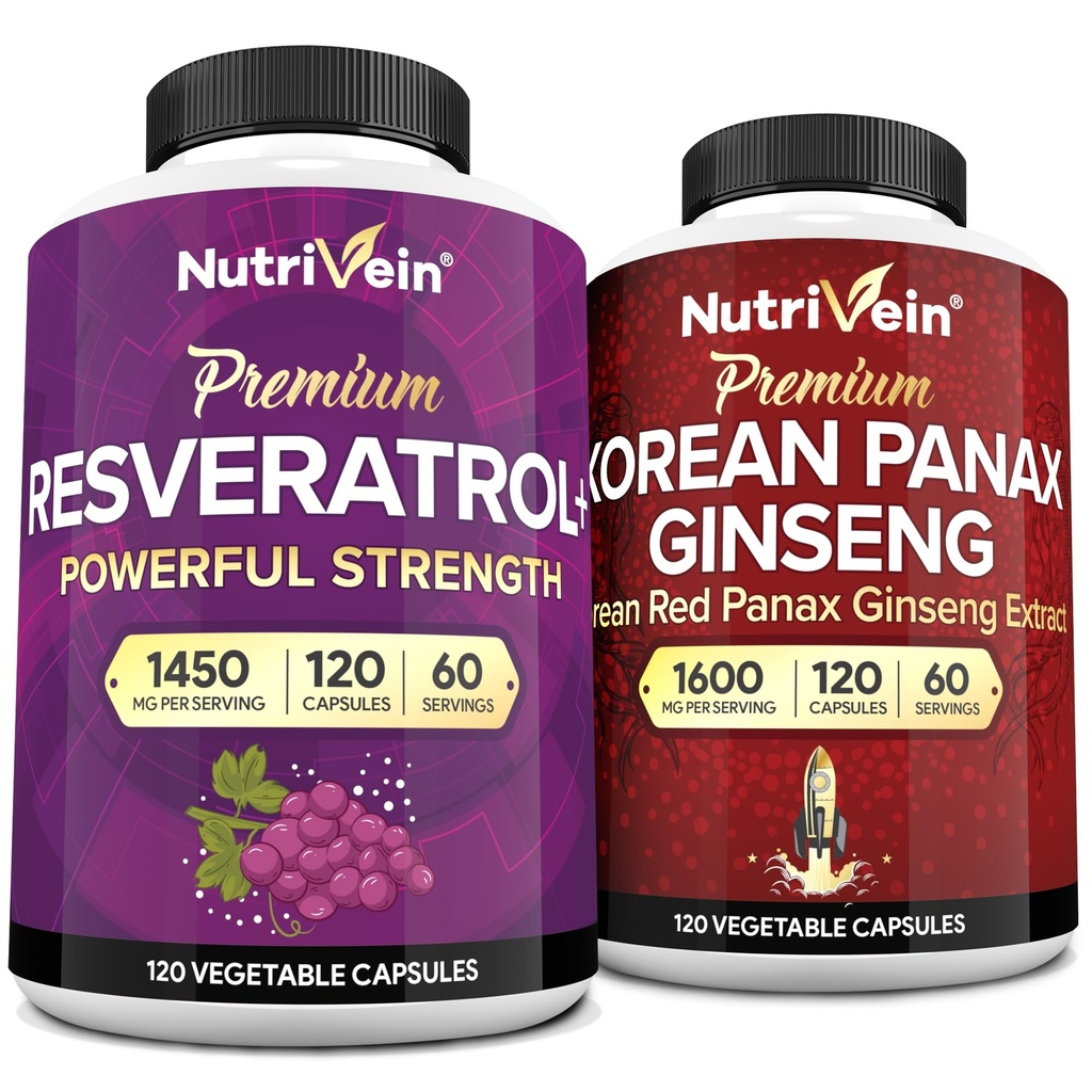 Nutriční Premium Korean Panax Ginseng Dodatek & Resveratrol Dodatek Bundle: High- Absorpce Resveratrol Kapsle & ženšen pro mozek, Defenses, opravy, & Vitality