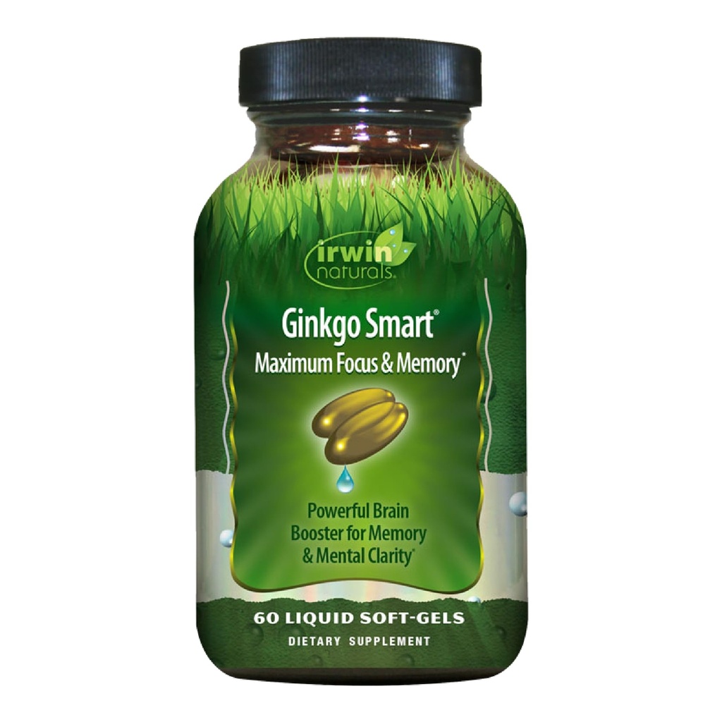 Irwin Naturals Ginkgo Smart Powerful Nootroppic Brain Booster - Podporuje maximální paměť, Focus & Mental Clarity s DMAE, Clubmoss, Cholin & Acetyl L-Carnitin - 60 Tekuté ponožky