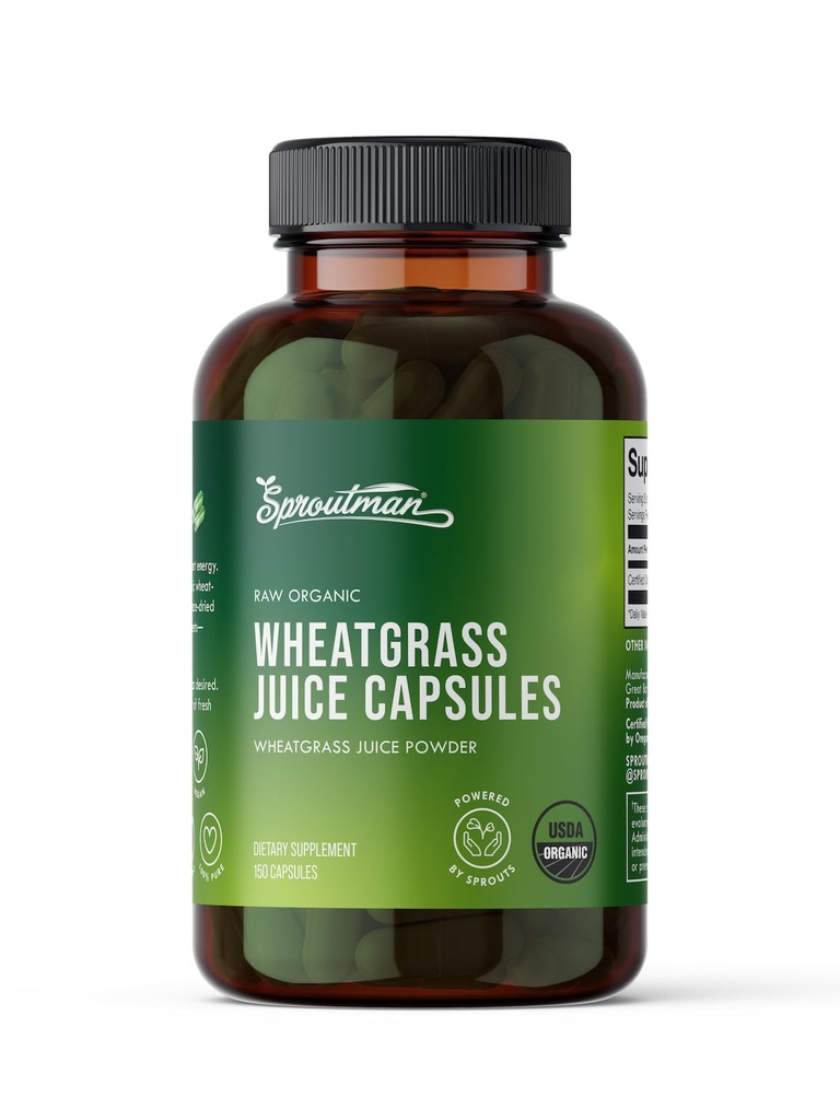 Organic Wheatgrass Juice Powder Kapsle od Sproutman - 100% čistý Wheatgrass - AIDS Digestion - High in Vitamíny, Antioxidanty, Chlorofyl, Enzymy, Minerály & Energy (150 pilulky)