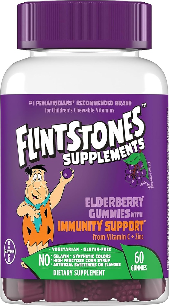Flintstones Vitamíny Elderberry Gummies pro děti s podporou imunity od vitaminu C & zinku, Imunitní podpora Gummies, Multivitamin pro děti, gluten zdarma, 60 Počet