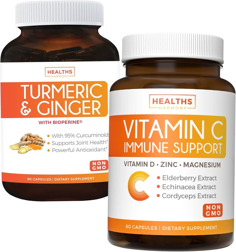 Svazek imunitní podpory vitaminu C a kurkumu - Denní podpora: imunitní + společné zdraví - Imunitní podpora - Vitamin C se zinkem (Non- GMO) a kurkumin - černý pepř extrakt (Non- GMO)