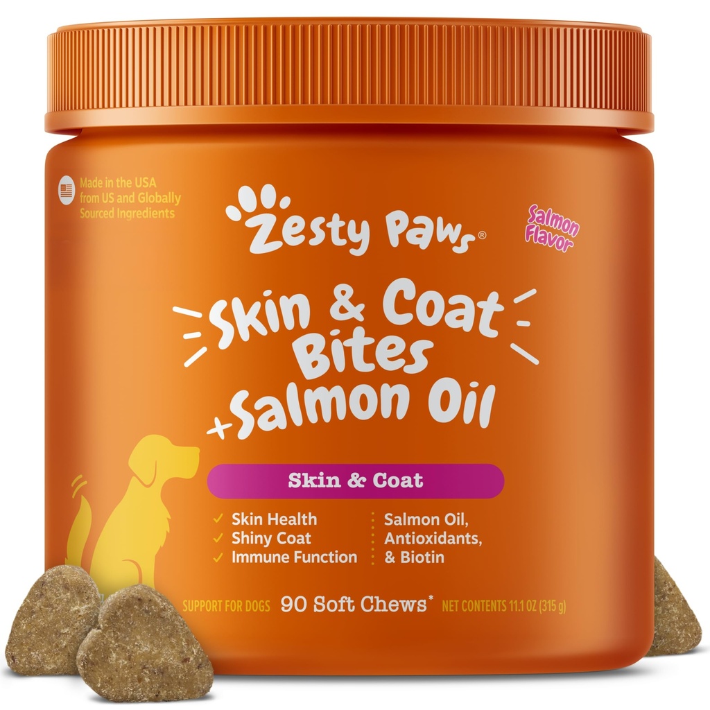 Zesty Paws losos olej pro psy kůže a kabát, Omega 3 Rybí olej Žvýkačky, Psí alergie Relief Chews, Itch Relief dodatek, 90 Počet, Losos Flavor