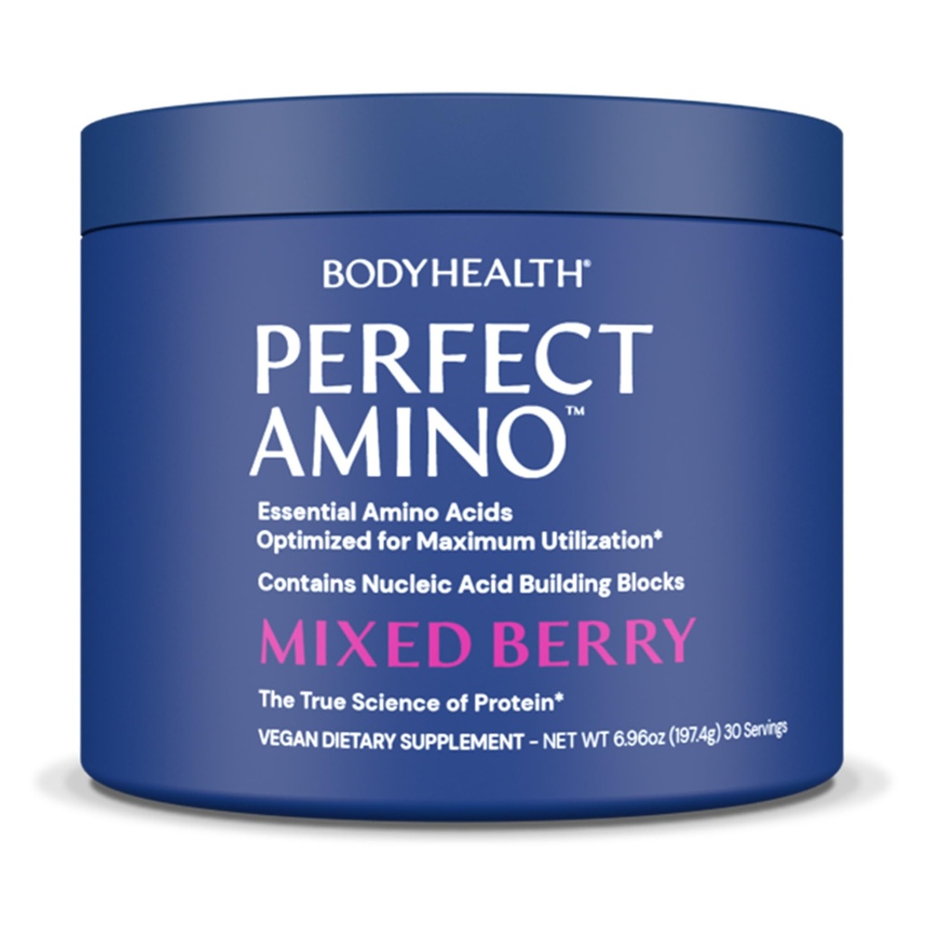 BodyHealth PerfectAmino Powder - BCAA and EAA Powder for Pre and Post Workout - Amino acid Energy Drink for men and women to Support Lean Muscle and Recovery - Mixed Berry - 30 Servings