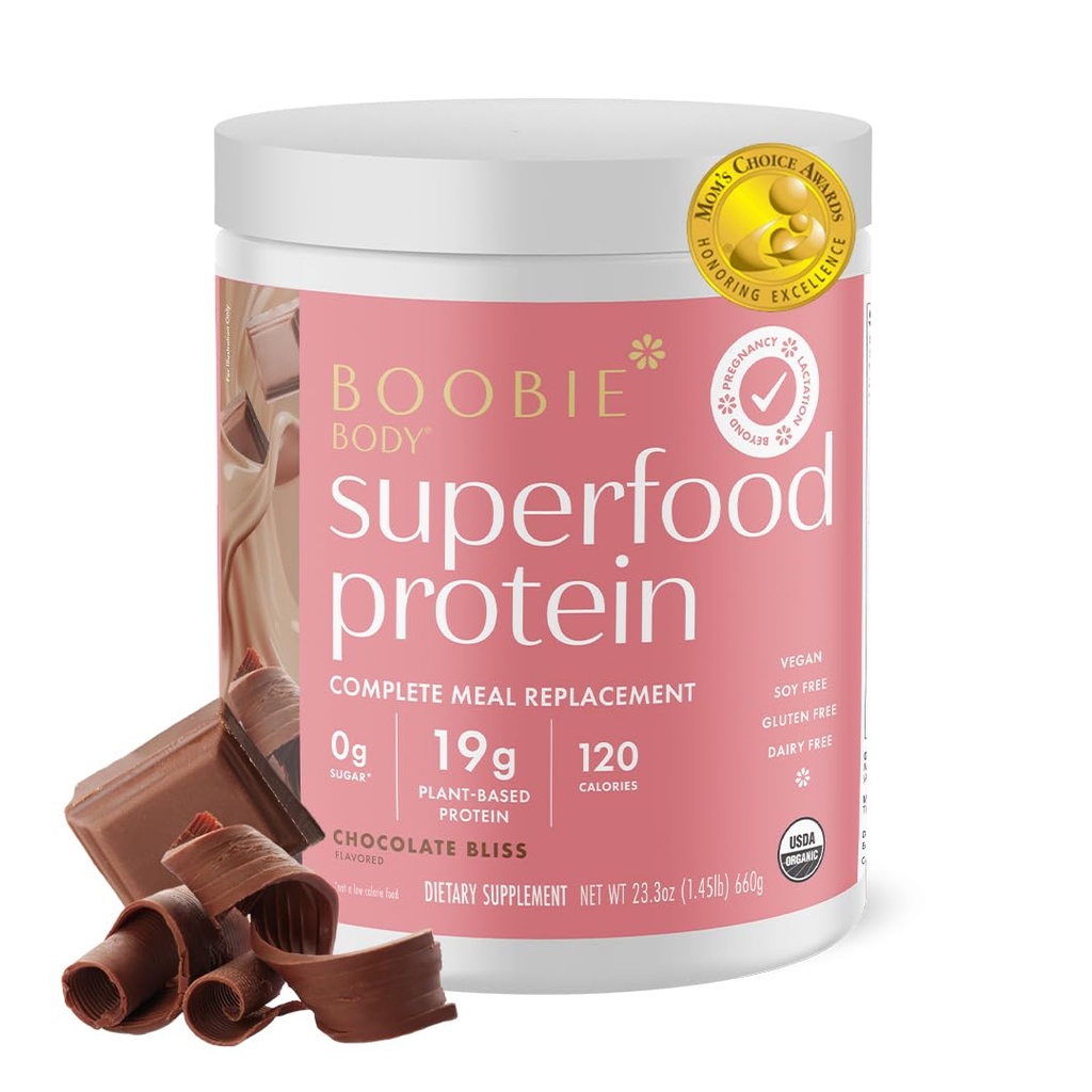Boobie tělo Superfood Protein Těhotenství a poporodní jídlo Náhradní Shake, Čokoláda Bliss Flavor 124; 19g Protein 124; Bezpečné pro Kojení a mateřství 124; Organic, Vegan, Nulový cukr, 1 Tub (20 Služeb)