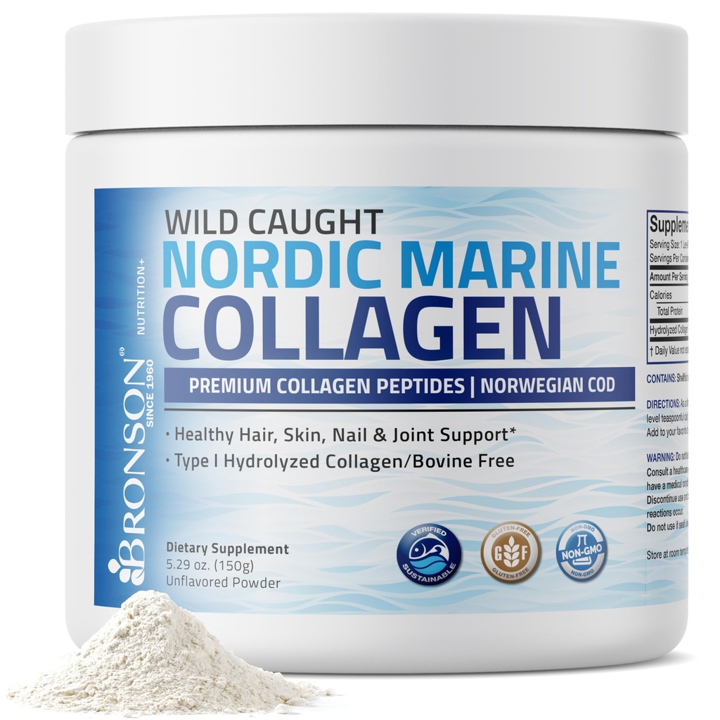 Bronson Marine Kolagen Peptides Hydrolyzované bílkoviny prášek 100% Wild chycen Nordic Cod ověřený udržitelný zdroj spojky kůže hřebíky & kosti 150g (5.29oz)