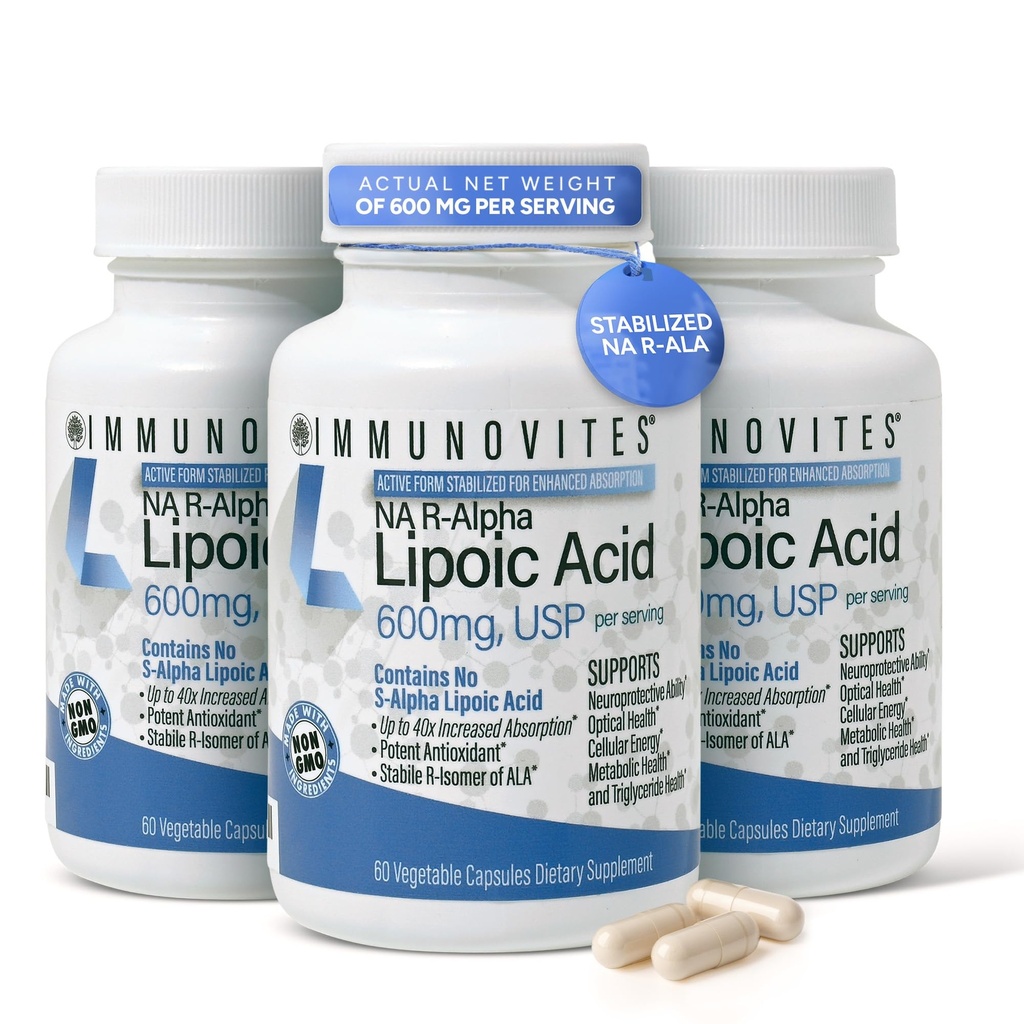 IMUNOVITES 3- Stabilizovaný R- Alpha kyselina lipoová ((pravda)) 600mg na porci [[Vysoká účinnost a až 40x zvýšená absorpce]] (Na R- ALA) (Na R- LA) (Na R- Lipoát) (3 lahve)