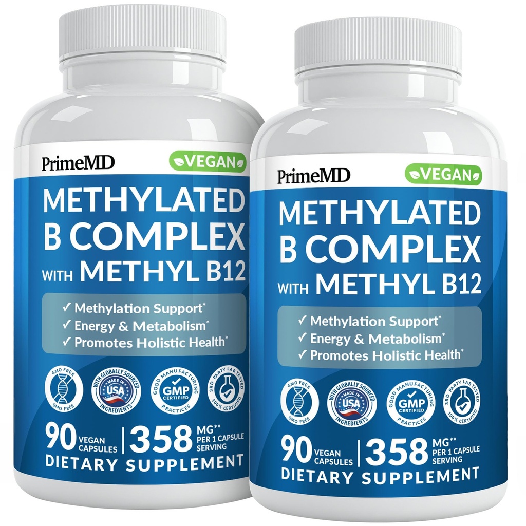 Methylovaný komplex B s methylfolátem a B12 methylkobalaminem 1000 mcg - Methylovaný multivitamin pro energii, mozkovou funkci a wellness - vitamin B komplex pro muže a ženy (180 porcí, balení po 2)