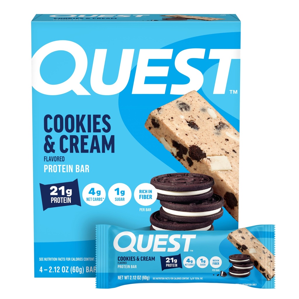 Quest Nutrition Cookies & Cream Protein Bary, 21g Protein, 4g čisté sacharidy, 1g cukru, gluten zdarma, Keto Friendly, 4 Počet