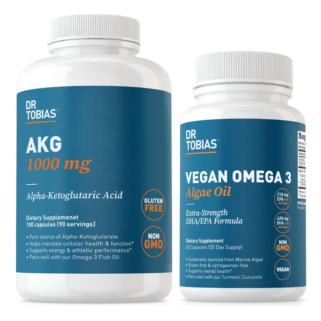 Dr. Tobias AKG dodatek & Vegan Omega 3 Řasy olej, podpora celulární energie a celkové zdraví s AKG, EPA & DHA, Vegan, gluten- Free, Non- GMO