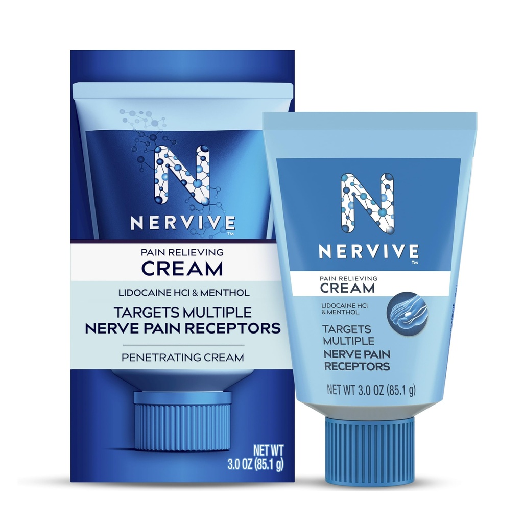 Nervive Pain Relieving Cream, Max Strength Non- Greasy Topical Pain Reliever with Lidocain and Menthol for Toes, Feet, Fingers, Hands, Nohs & Arms, 3.0oz