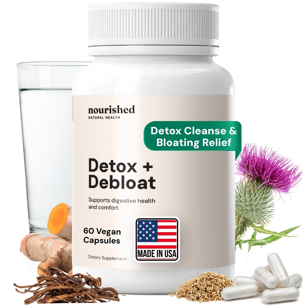 Nourshed Natural Health Detox + Debloat - Milk Thistle & Pampelion Root Vegan Dodatek pro ženy - Bloating Relief & Digestion Podpora - 60 Kapsle