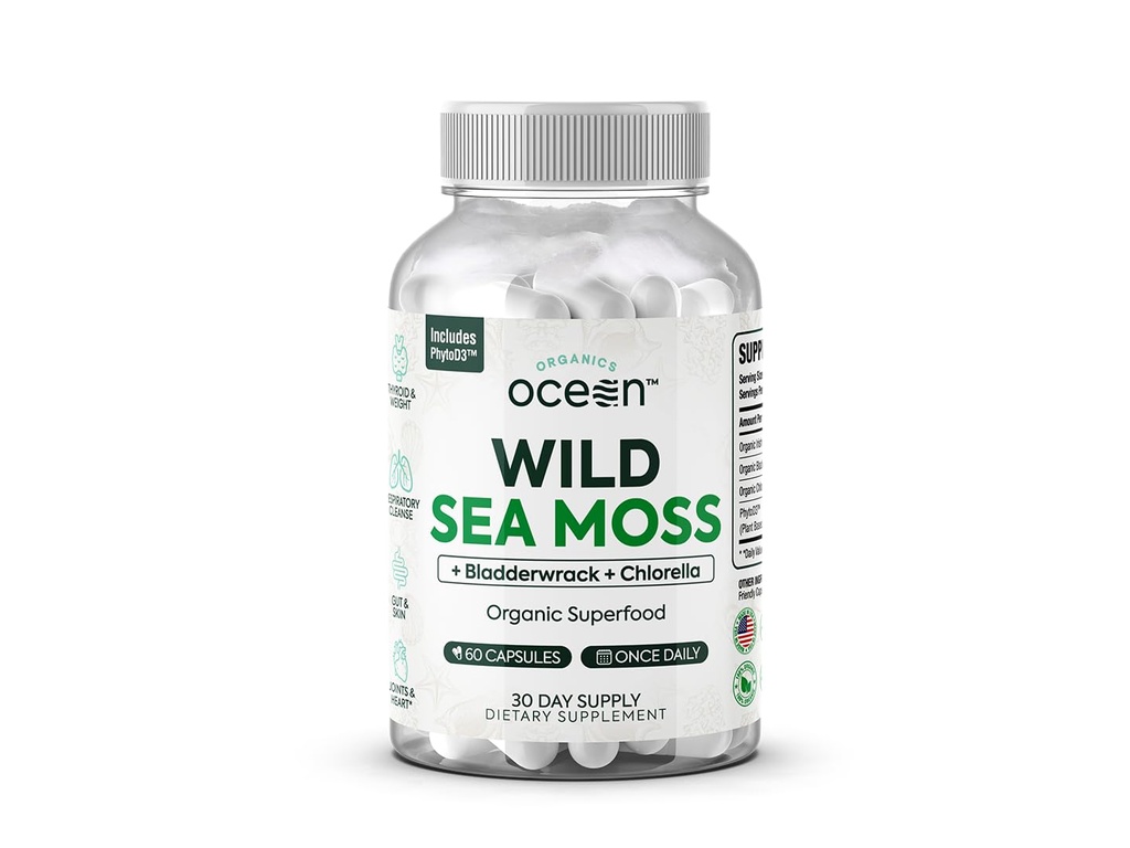 Organics Ocean Wild Sea Moss Kapsle - 100% Organic Irish Sea Moss with Organic Chlorella, Bladderwrack a Vitamin D for Energy, Lung Health a podpora štítné žlázy pro ženy a muže - 60 Kapsle