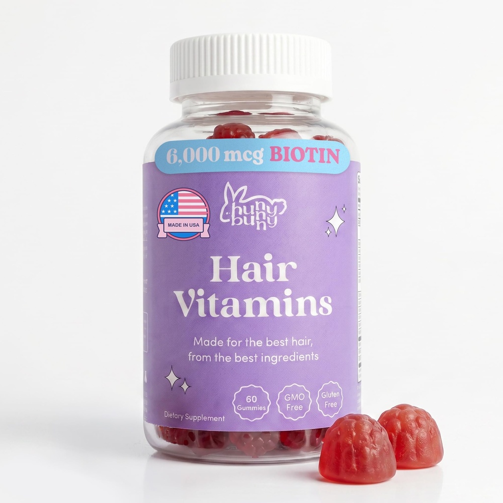 Hunny Bunny Vlasy Vitamin Biotin Gummies - Biotin dodatek s vitamínem A, C, D, E, B6 - Růst vlasů, kůže, Nail Vitamíny - Non GMO, Lepidlo zdarma - 60 Gumy