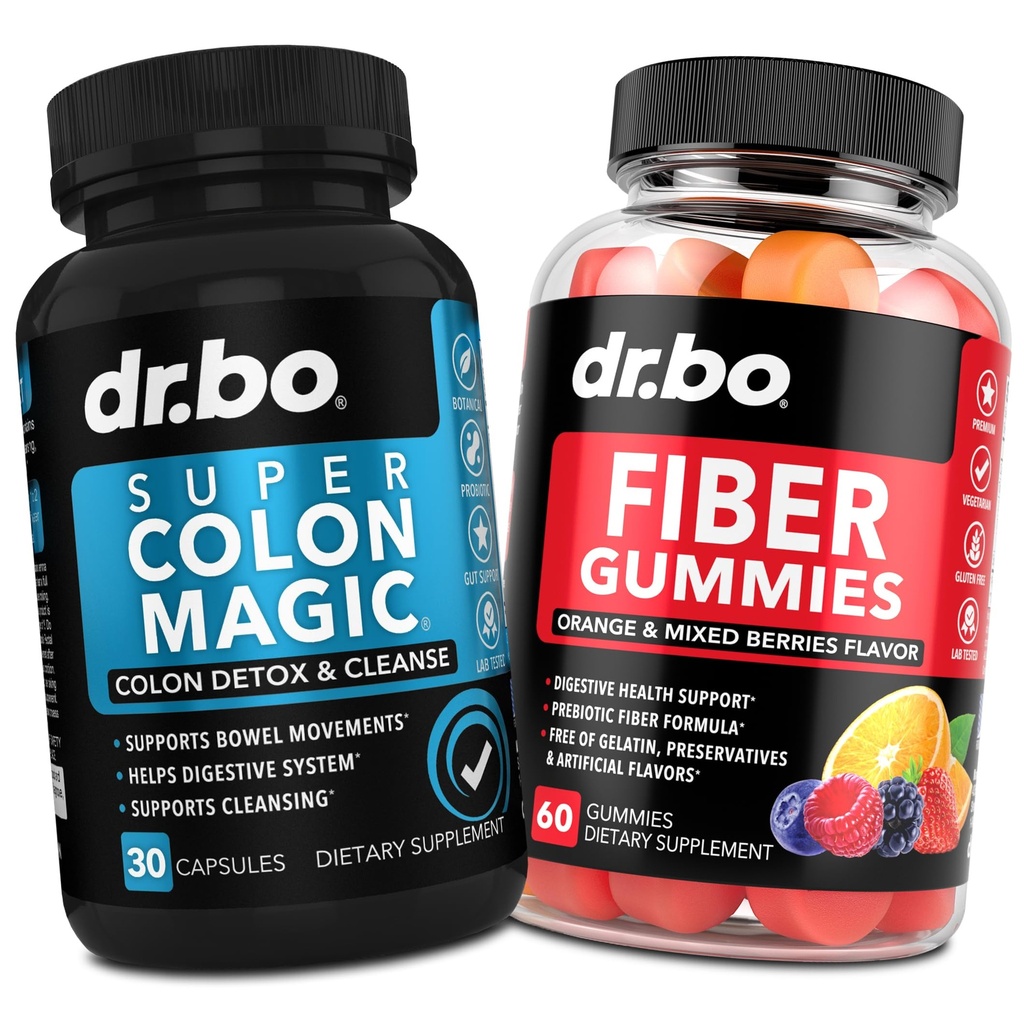 DR. BO Fiber Gummies & Colon Cleanse doplňky - Chutné Gummy Prebiotic Fiber Dodatek - Super Colon Magic Bowel Hnutí Podpora pro Gut & Žaludek Cleansing