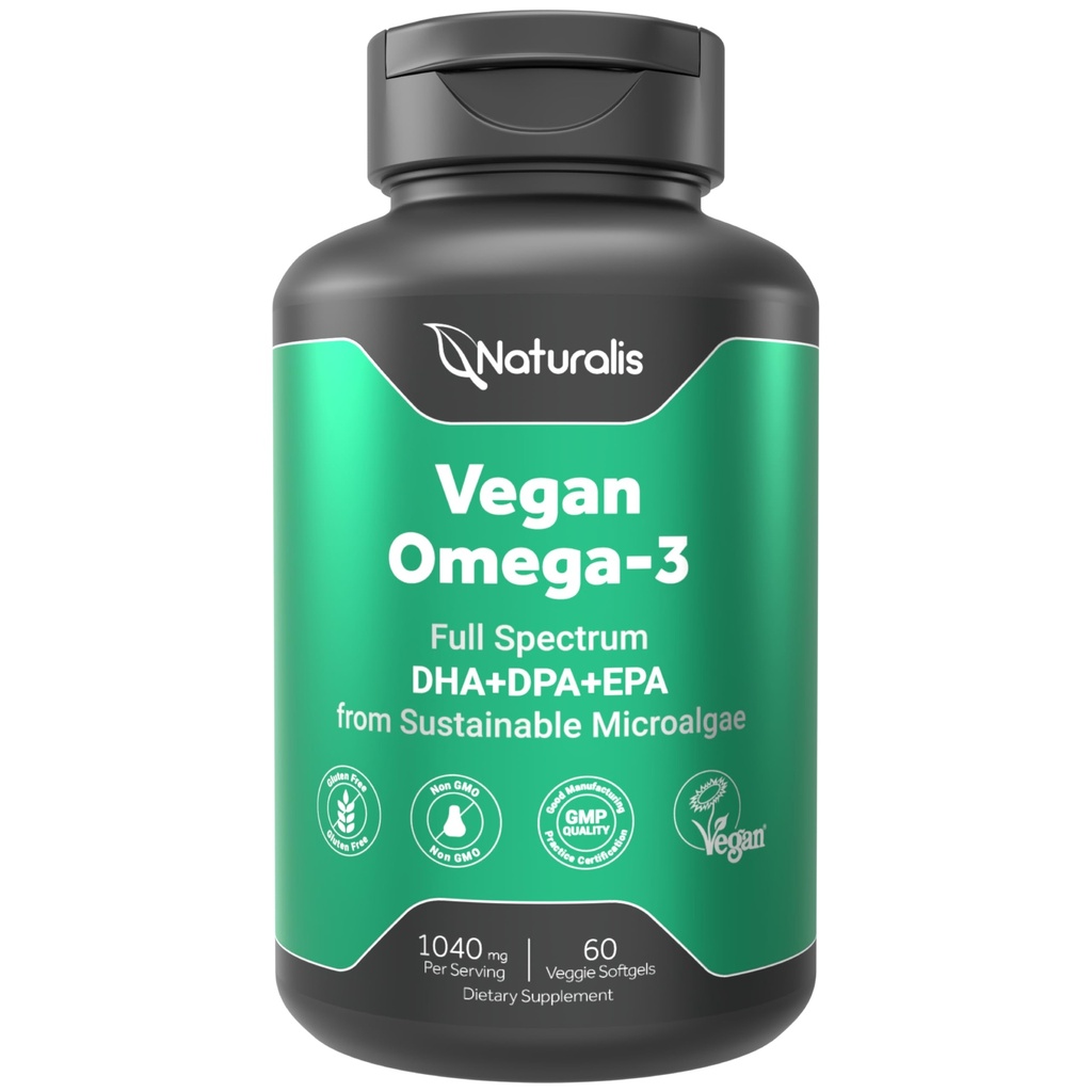 Naturalis Vegan Omega 3 DHA, EPA & DPA z Řasy CARL 124; Vegan Society Certified, Udržitelně sourced, True Full Spectrum CARL 124; 60 Veggie Softgels (Karagenan zdarma)