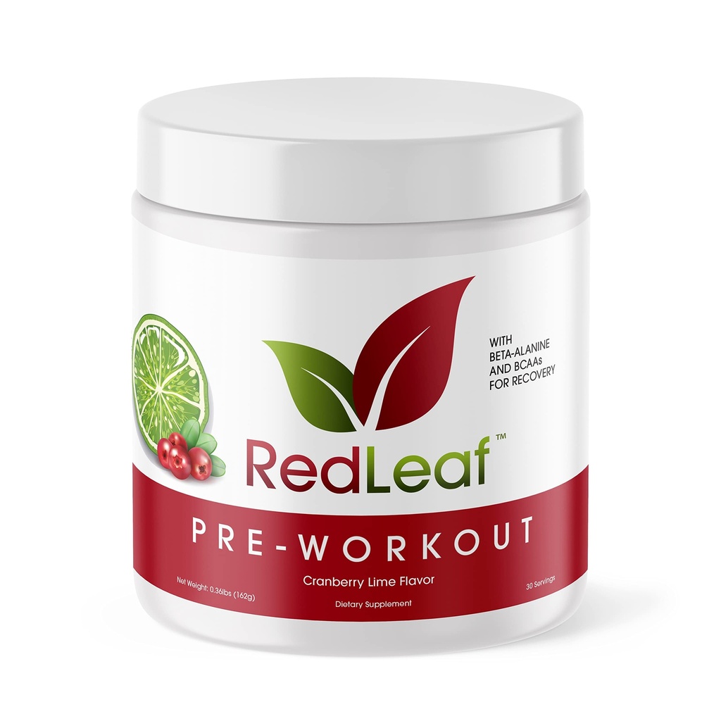 Red Leaf Pre Workout Energizer Powder, BCAA 's, Beta- Alanin, aminokyseliny a zelený čaj pro imunitní podporu a předcvičení energie, přírodní brusinkové vápno Flavor - 30 Služení